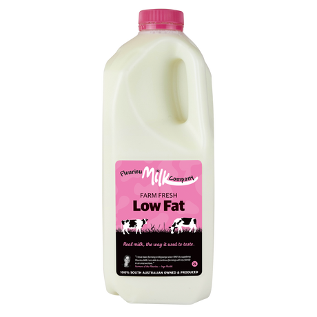 Fleuries Milk Company low fat milk bottle with pink cap on a white background