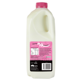 Bottle of milk with a pink cap and label on a white background