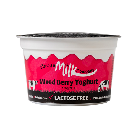 Yoghurt container with pink label featuring 'Flourieu Milk Company' on a white background