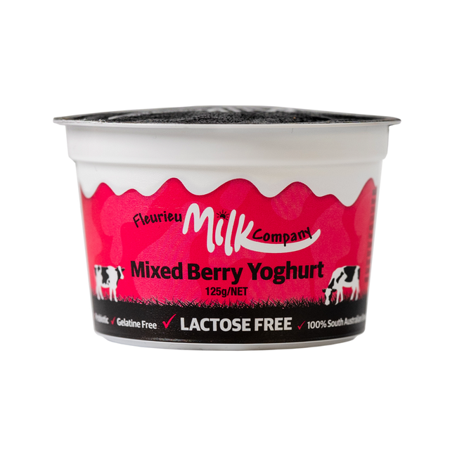 Yoghurt container with pink label featuring 'Flourieu Milk Company' on a white background