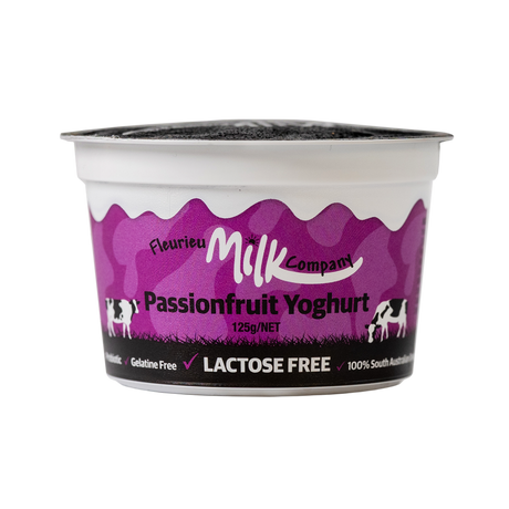 Passionfruit yoghurt container with purple label on a white background