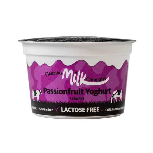 Passionfruit yoghurt container with purple label on a white background