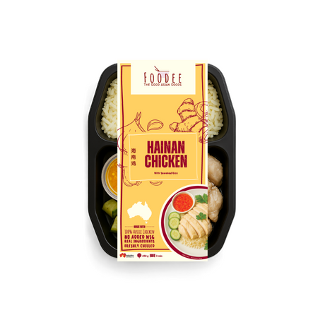 Packaged Hainan Chicken meal from Foodee on a white background
