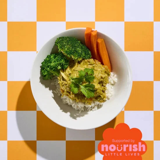 White bowl with food on a checkered orange and white background, featuring the 'Nourish Little Lives' logo.
