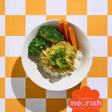 White bowl with food on a checkered orange and white background, featuring the 'Nourish Little Lives' logo.