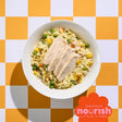 Bowl of food on a checkered orange and white background with 'Nourish Little Lives' branding.