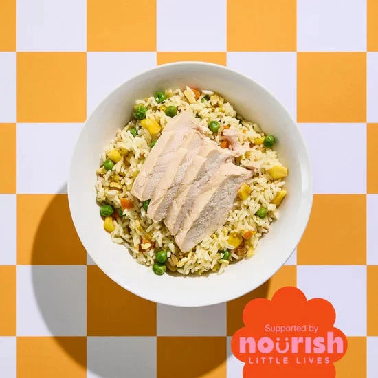 Bowl of food on a checkered orange and white background with 'Nourish Little Lives' branding.