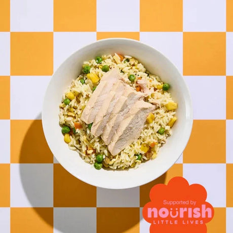Bowl of food on a checkered orange and white background with 'Nourish Little Lives' branding.