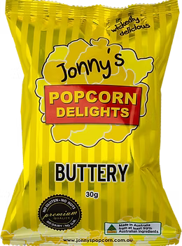 A 30g bag of Jonny's Popcorn Buttery Popcorn