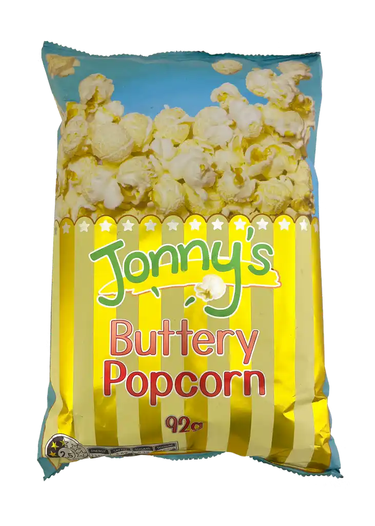 A 92g bag of Jonny's Popcorn Buttery Popcorn