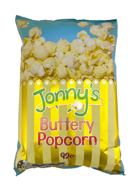 A 92g bag of Jonny's Popcorn Buttery Popcorn