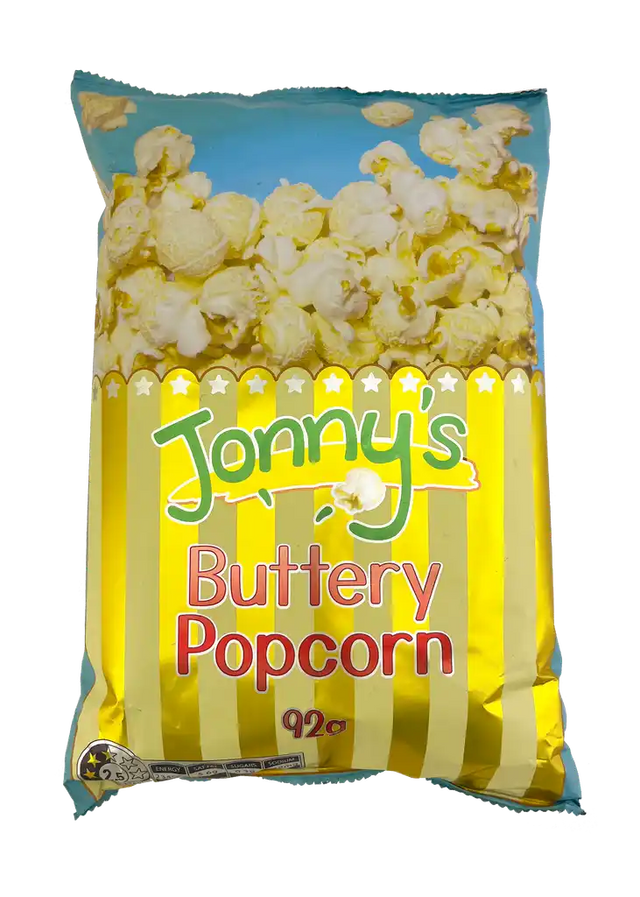 A 92g bag of Jonny's Popcorn Buttery Popcorn