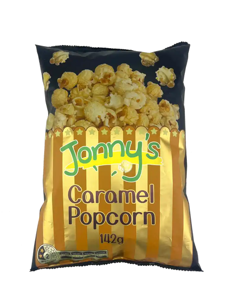 A 142g bag of Jonny's Popcorn Caramel Popcorn