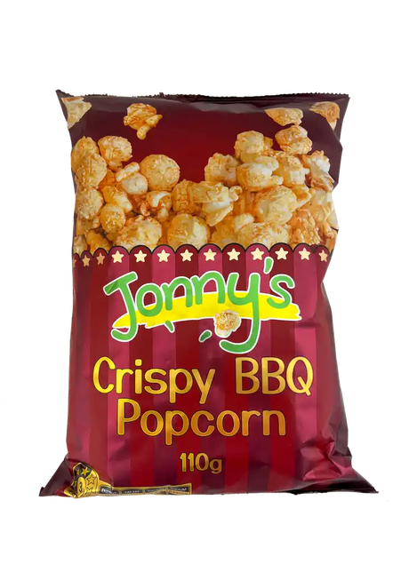 A 110g bag of Jonny's Popcorn Crispy BBQ Popcorn