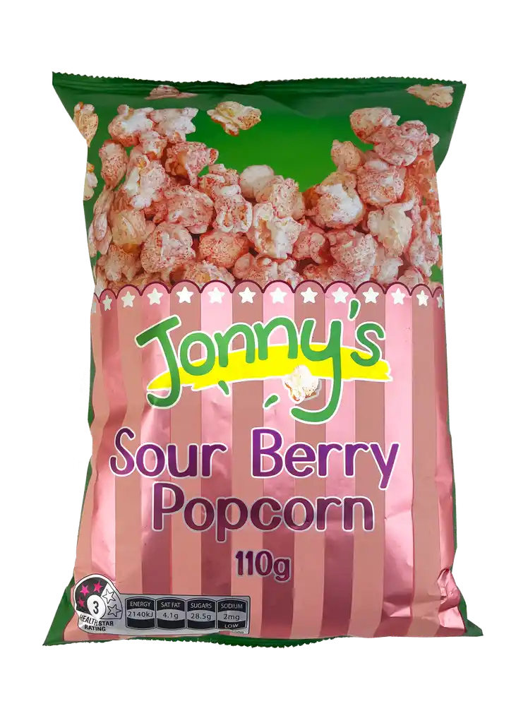 A 110g bag of Jonny's Popcorn Sour Berry Popcorn