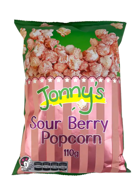 A 110g bag of Jonny's Popcorn Sour Berry Popcorn