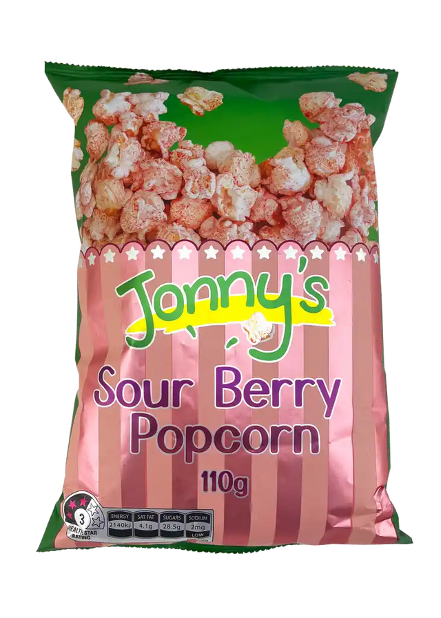 A 110g bag of Jonny's Popcorn Sour Berry Popcorn