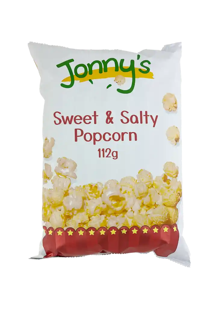 A 112g bag of Jonny's Popcorn Sweet and Salty Popccorn