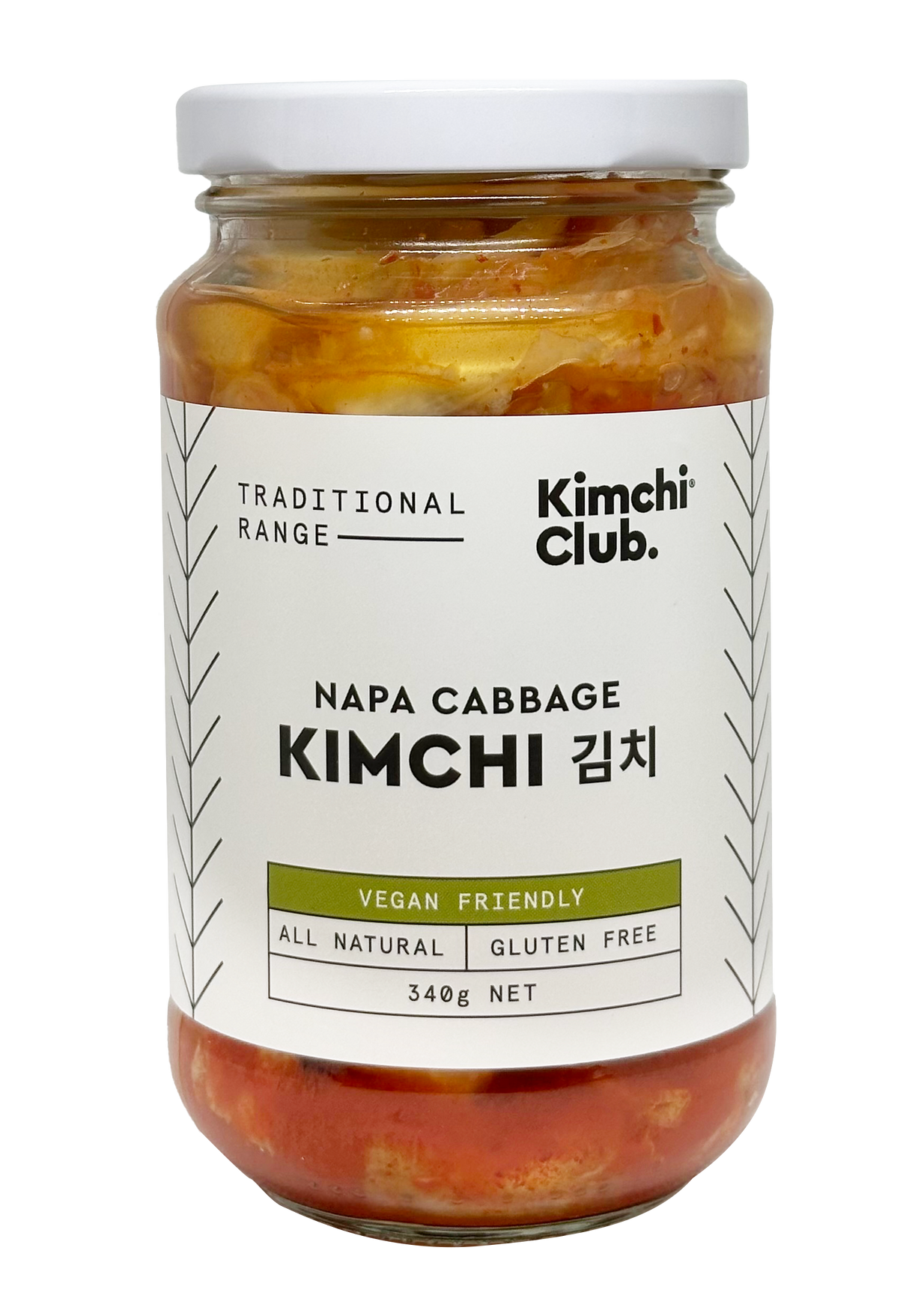 A 340g jar of Kimchi Club Traditional Napa Cabbage Vegan Kimchi