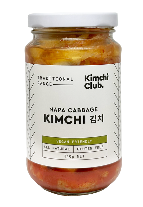 A 340g jar of Kimchi Club Traditional Napa Cabbage Vegan Kimchi