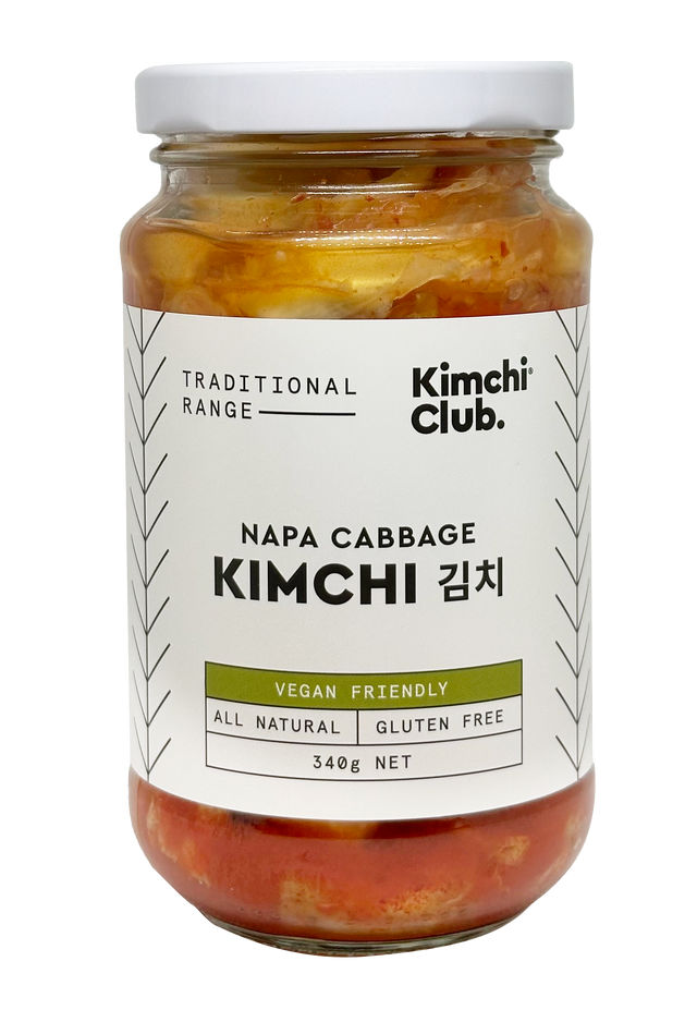 A 340g jar of Kimchi Club Traditional Napa Cabbage Vegan Kimchi