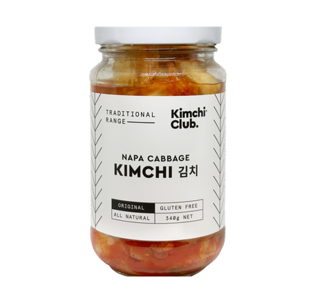 Kimchi Club Traditional Napa Cabbage Kimchi in a 340g glass jar with a white label.