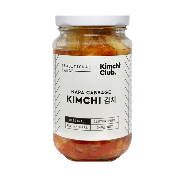 Kimchi Club Traditional Napa Cabbage Kimchi in a 340g glass jar with a white label.
