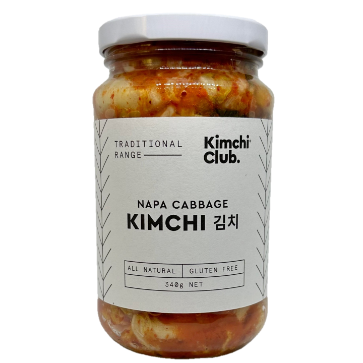 A 340g glass jar of Kimchi Club Traditional Napa Cabbage Kimchi 340