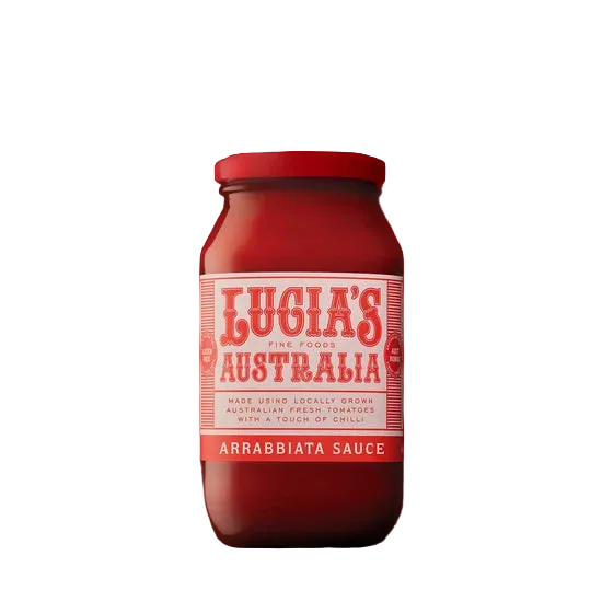 A 500g glass jar of Lucia's Fine Foods Arrabbiata sauce
