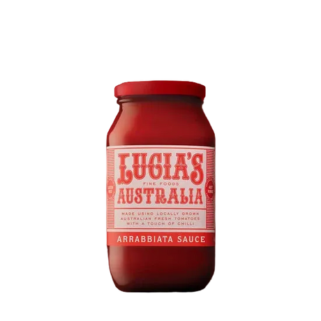 A 500g glass jar of Lucia's Fine Foods Arrabbiata sauce
