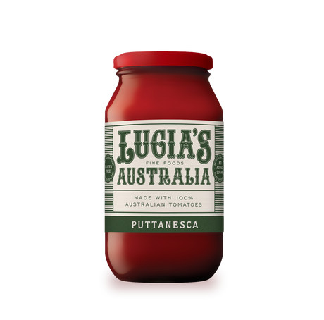 A 500g jar of Lucia's Puttanesca pasta sauce