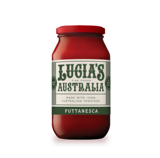 A 500g jar of Lucia's Puttanesca pasta sauce