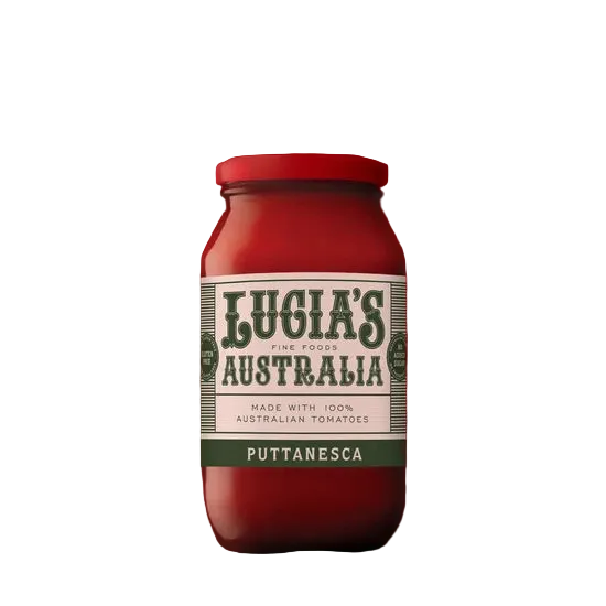 A 500g glass jar of Lucia's Fine Foods Puttanesca sauce