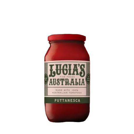 A 500g glass jar of Lucia's Fine Foods Puttanesca sauce