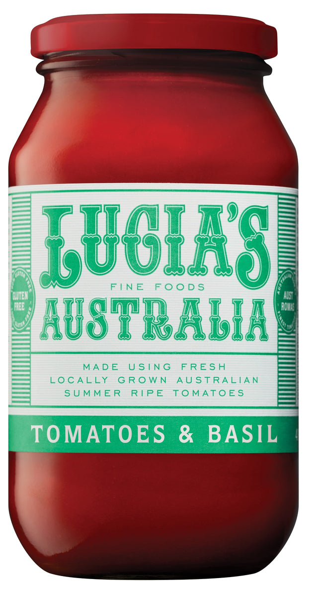A 500g jar of Lucia's Tomatoes and Basil pasta sauce