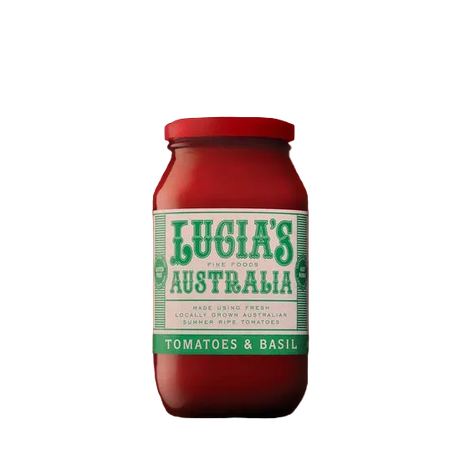 A 500g glass jar of Lucia's Fine Foods Tomatoes and Basil sauce