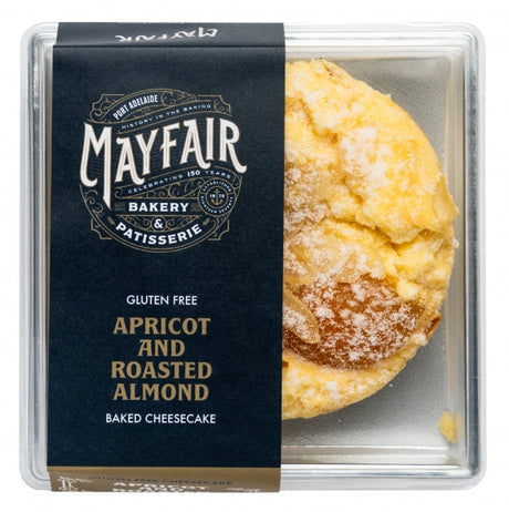 Mayfair Bakery gluten-free apricot and roasted almond baked cheesecake in packaging