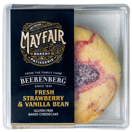 Mayfair Bakery & Patisserie strawberry and vanilla bean cheesecake packaging