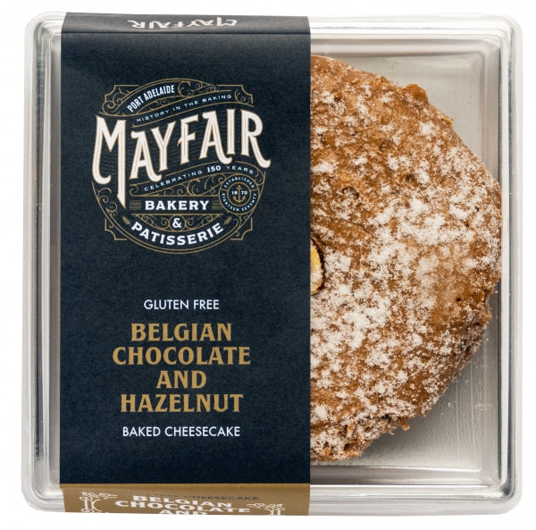 Mayfair Bakery & Patisserie gluten-free Belgian chocolate and hazelnut baked cheesecake in packaging.