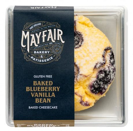 Mayfair Bakery & Patisserie baked blueberry vanilla bean cheesecake packaging.