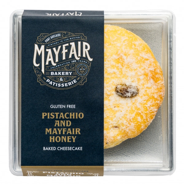 Mayfair Bakery gluten-free pistachio and honey baked cheesecake packaging.