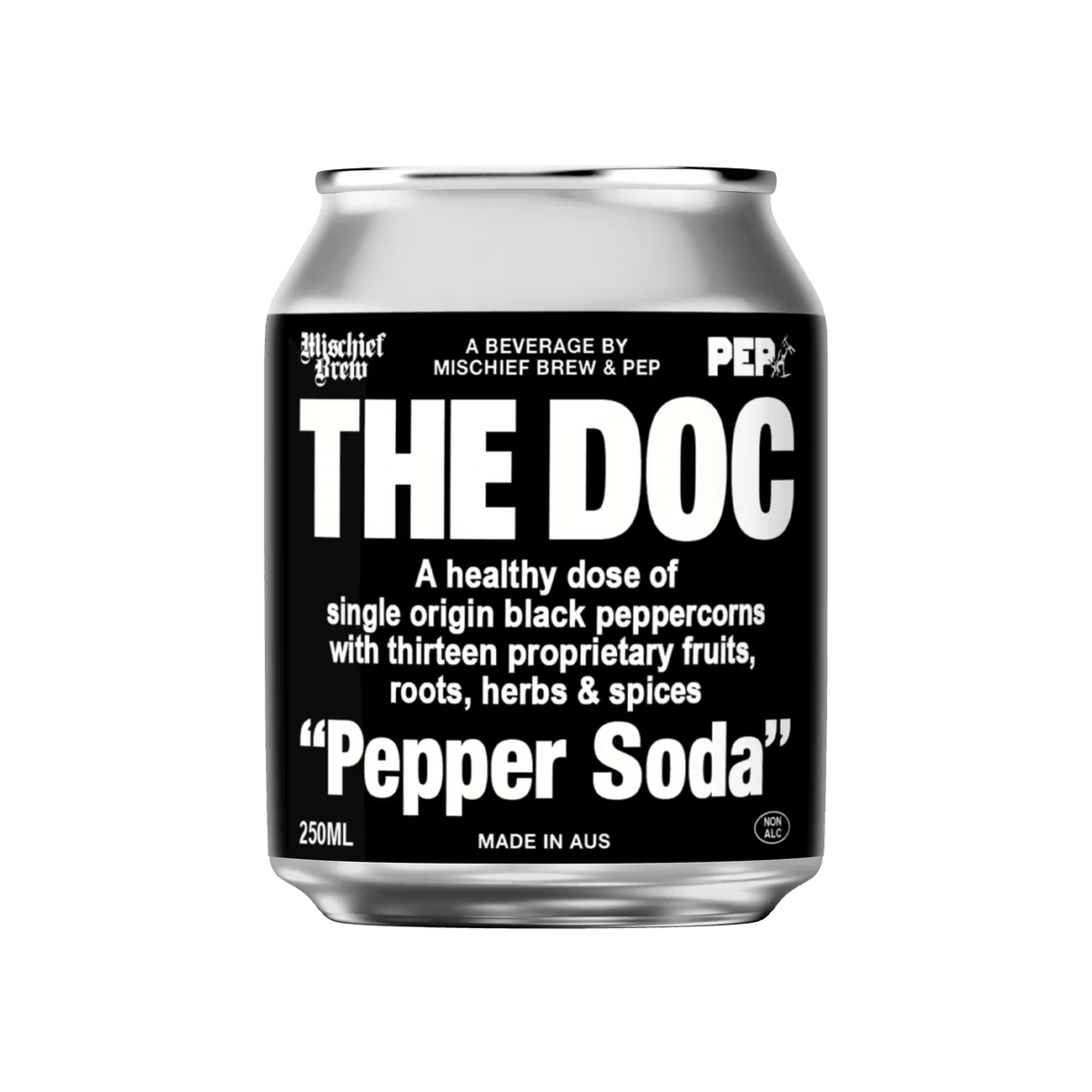 A 250ml can of Mischief Brew The Doc Pepper Soda