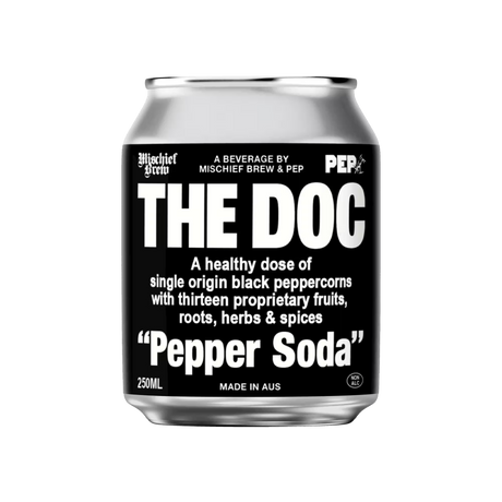 A 250ml can of Mischief Brew The Doc Pepper Soda
