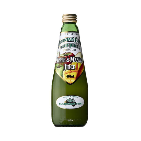 A 400ml glass bottle of Mountain Fresh Fresh Apple and Mango Juice