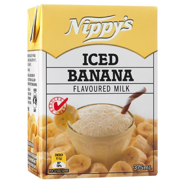 Nippy's iced banana flavoured milk box on a white background