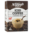 Nippy's iced coffee flavored milk packaging with a cup of milkshake and coffee beans on a white background.