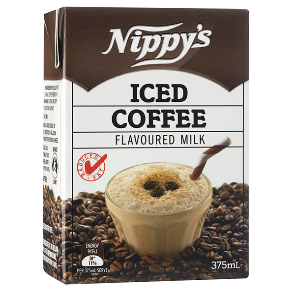 Nippy's iced coffee flavored milk packaging with a cup of milkshake and coffee beans on a white background.