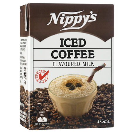 Nippy's iced coffee flavored milk packaging with a cup of milkshake and coffee beans on a white background.