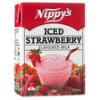 Nippy's iced strawberry flavoured milk carton with strawberries on a white background