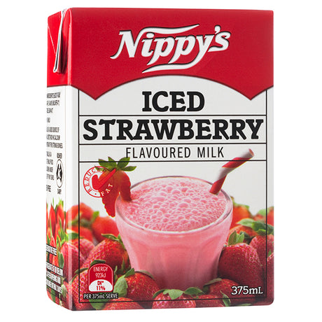 Nippy's iced strawberry flavoured milk carton with strawberries on a white background